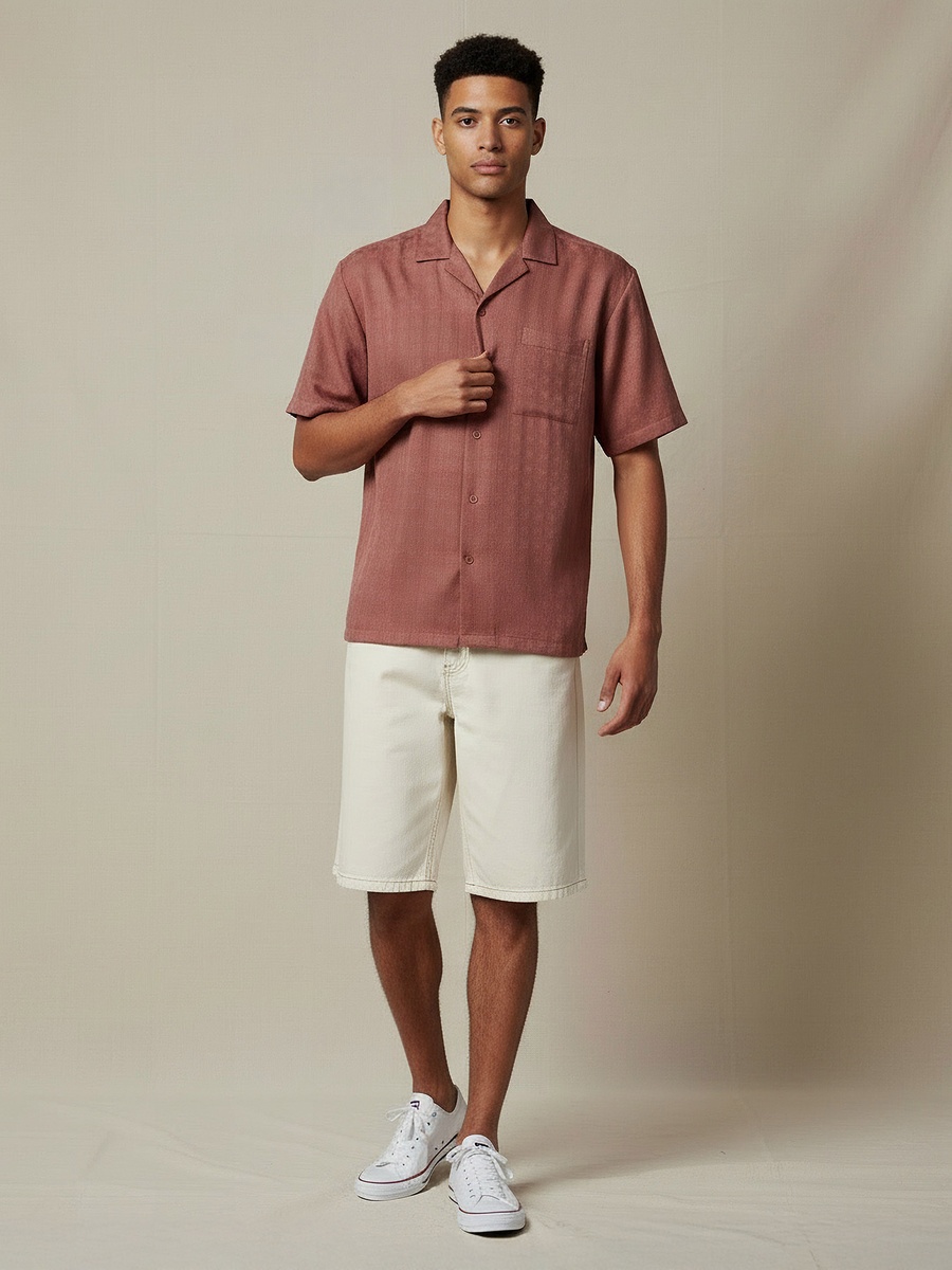 Men Regular Fit Camp Collar Textured Short Sleeves Resort Shirt