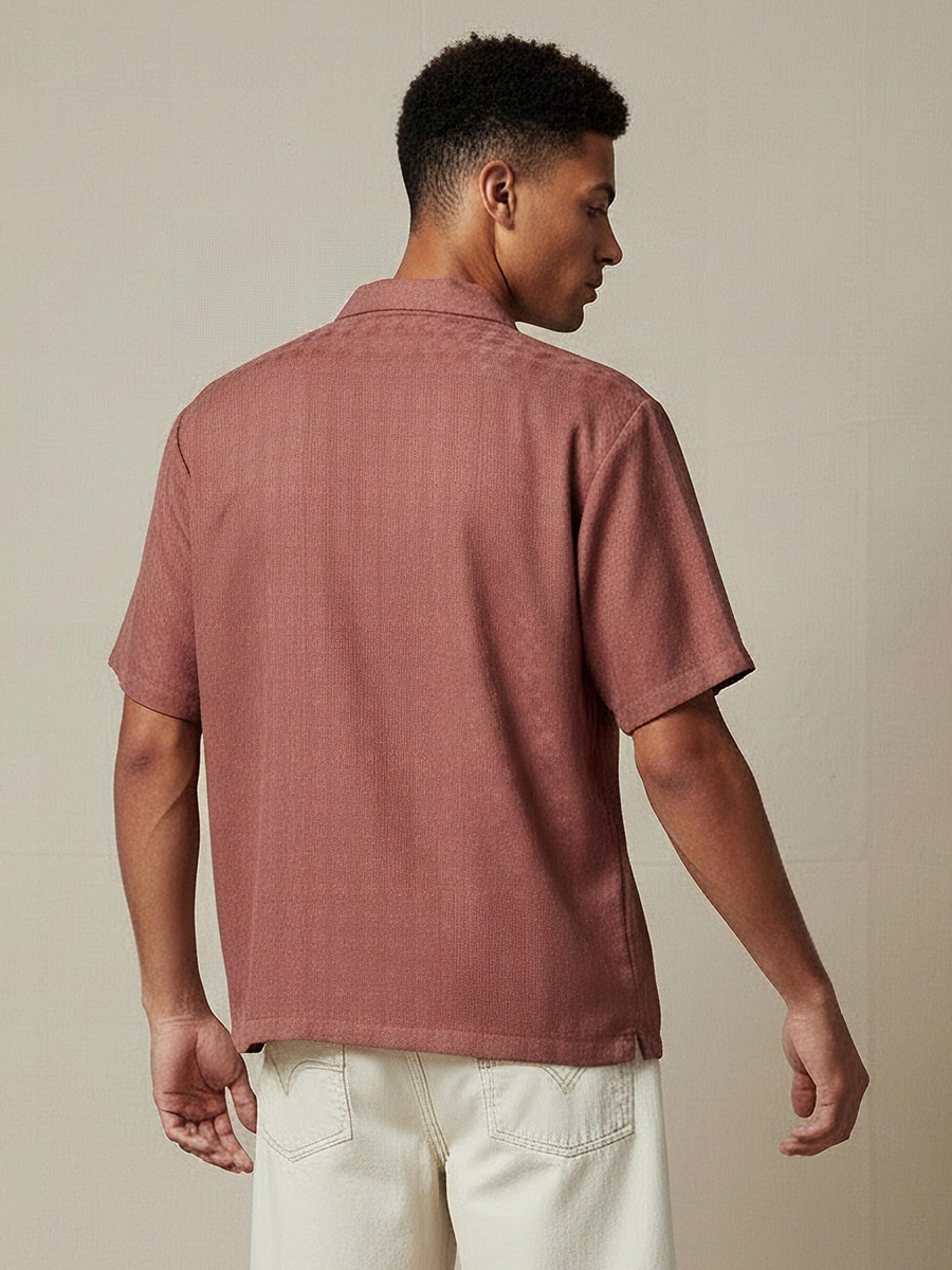 Men Regular Fit Camp Collar Textured Short Sleeves Resort Shirt