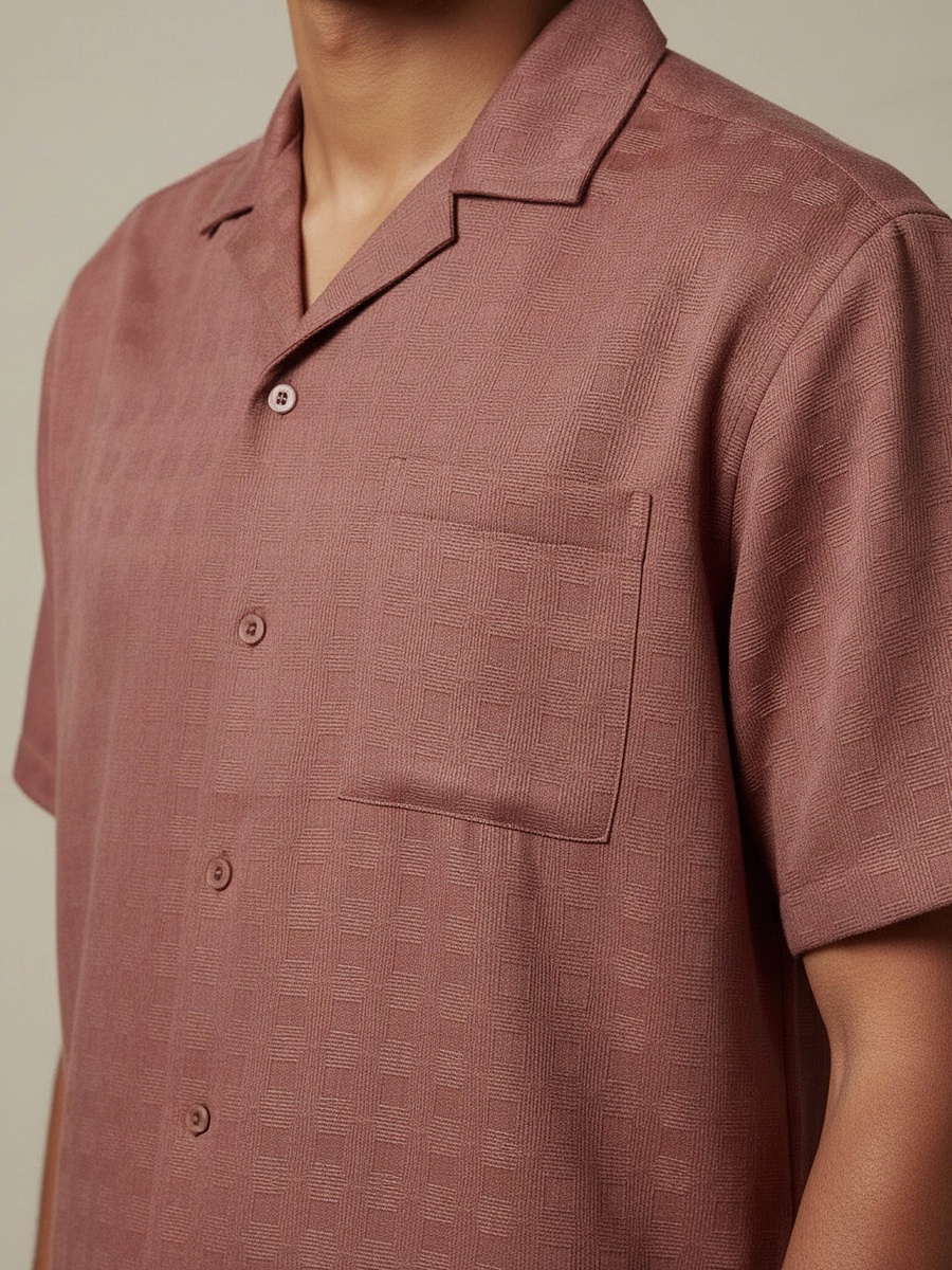 Men Regular Fit Camp Collar Textured Short Sleeves Resort Shirt