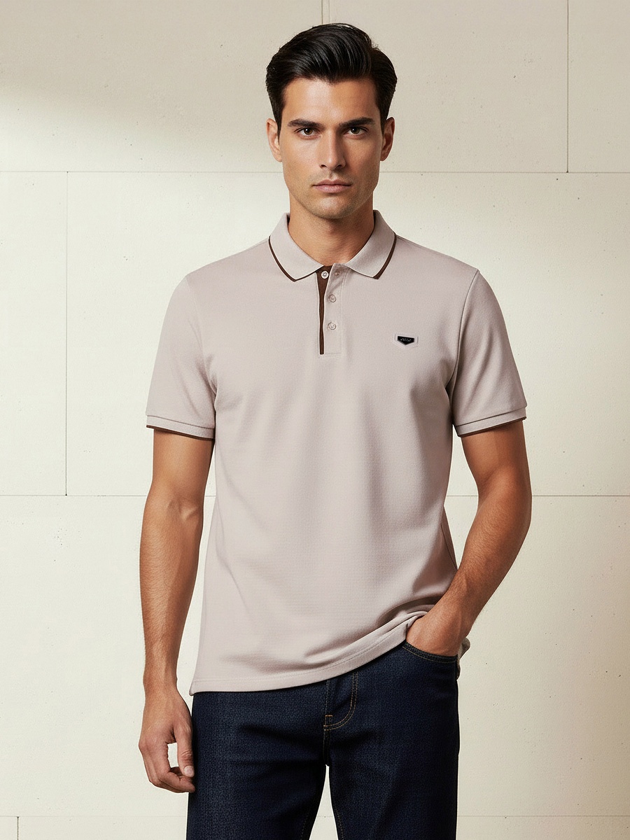 Men Short Sleeve Badge Accent Polo T-Shirt