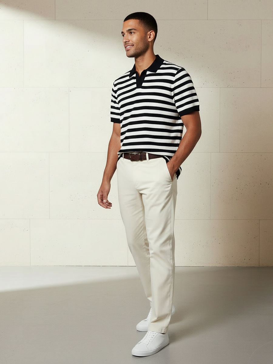 Men Short Sleeves Striped Johnny Collar Polo T-Shirt
