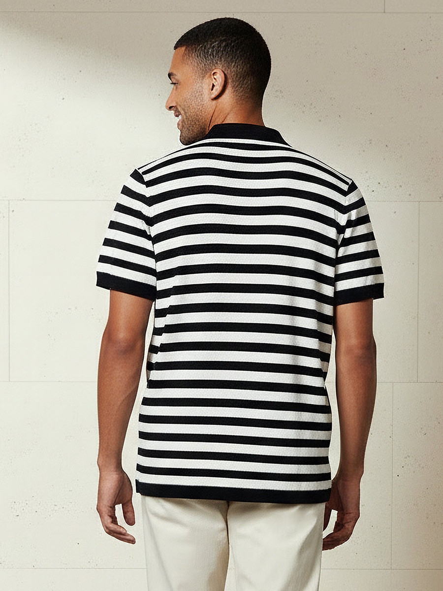 Men Short Sleeves Striped Johnny Collar Polo T-Shirt
