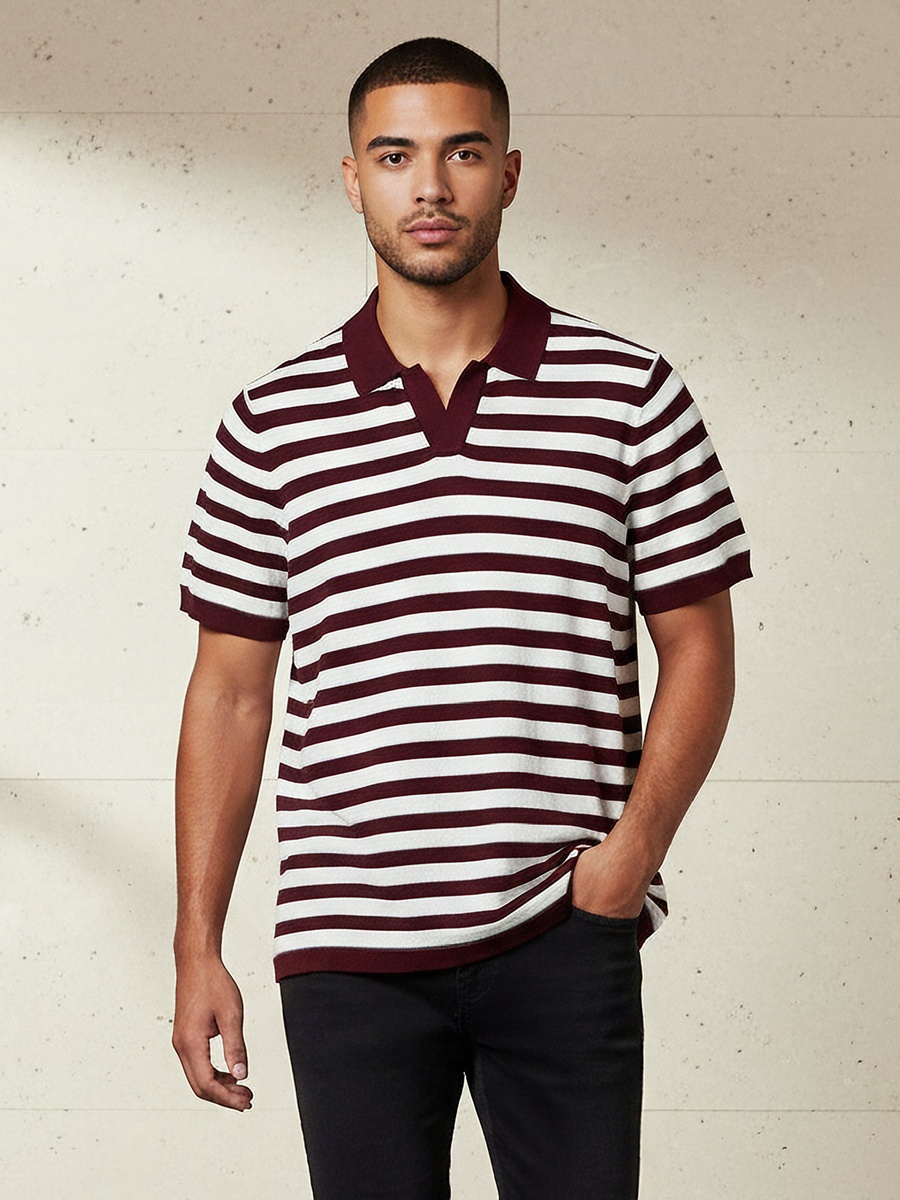 Men Short Sleeves Striped Johnny Collar Polo T-Shirt