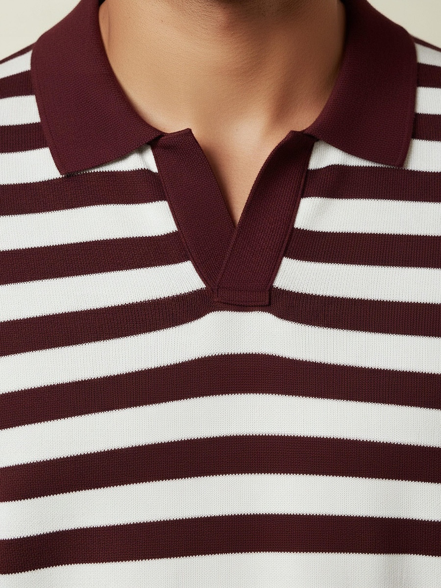 Men Short Sleeves Striped Johnny Collar Polo T-Shirt