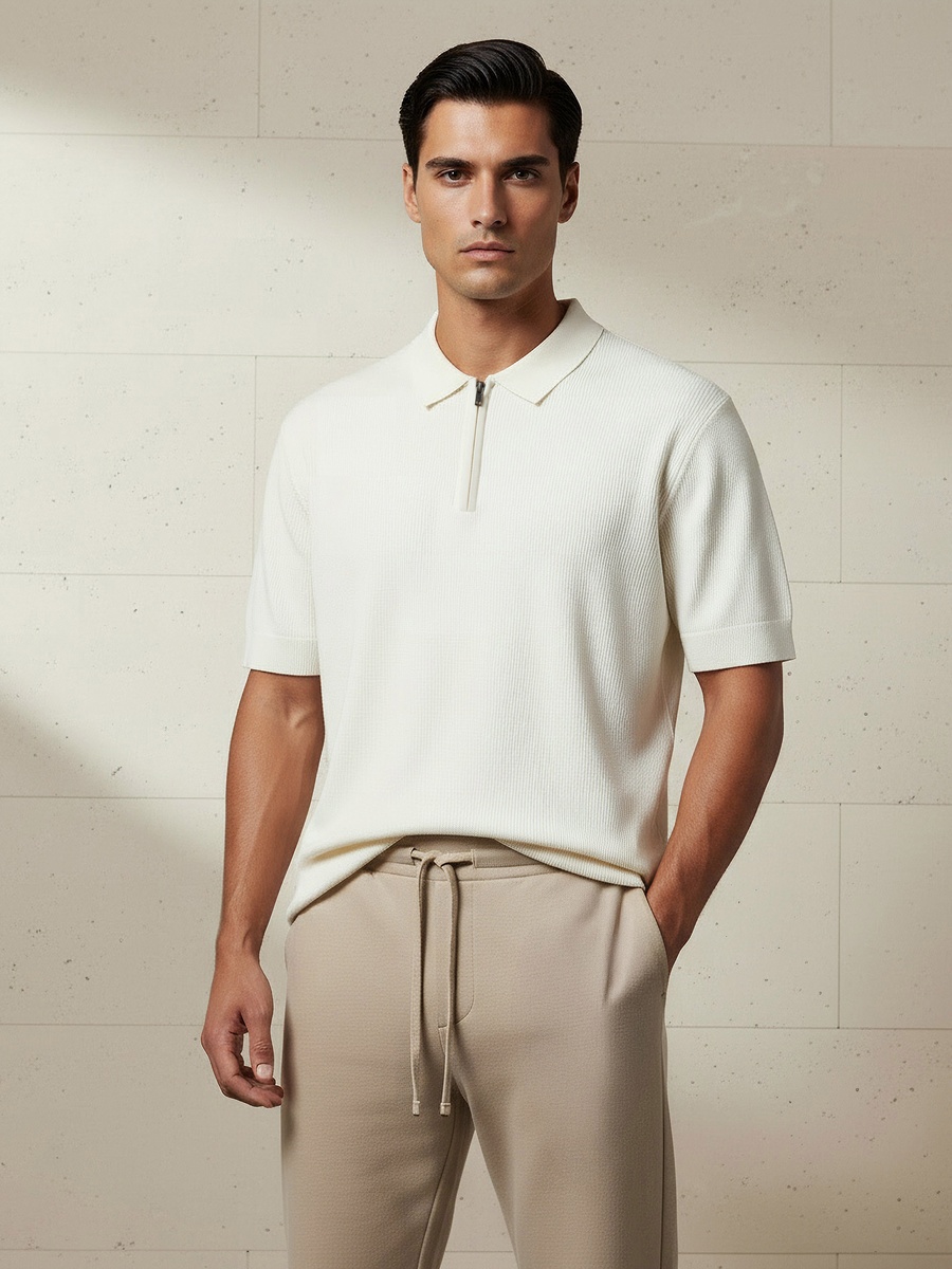 Men Short Sleeve Textured Polo T-Shirt