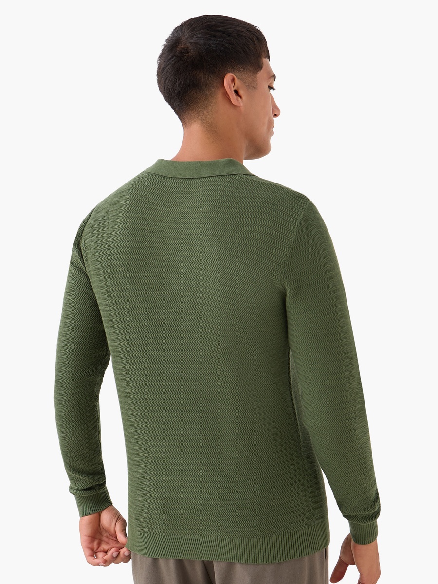 Men Long Sleeves Knit Textured Polo T-Shirt