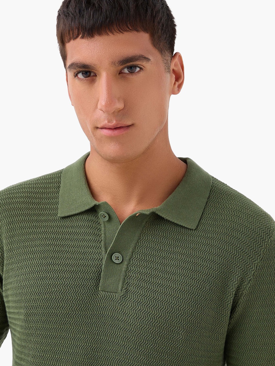 Men Long Sleeves Knit Textured Polo T-Shirt