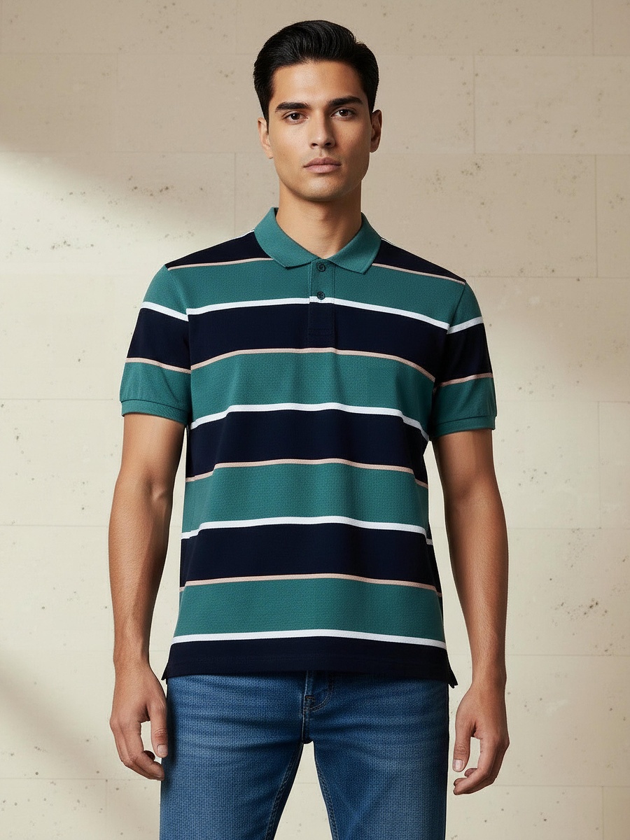 Men Short Sleeve Striped Polo T-Shirt