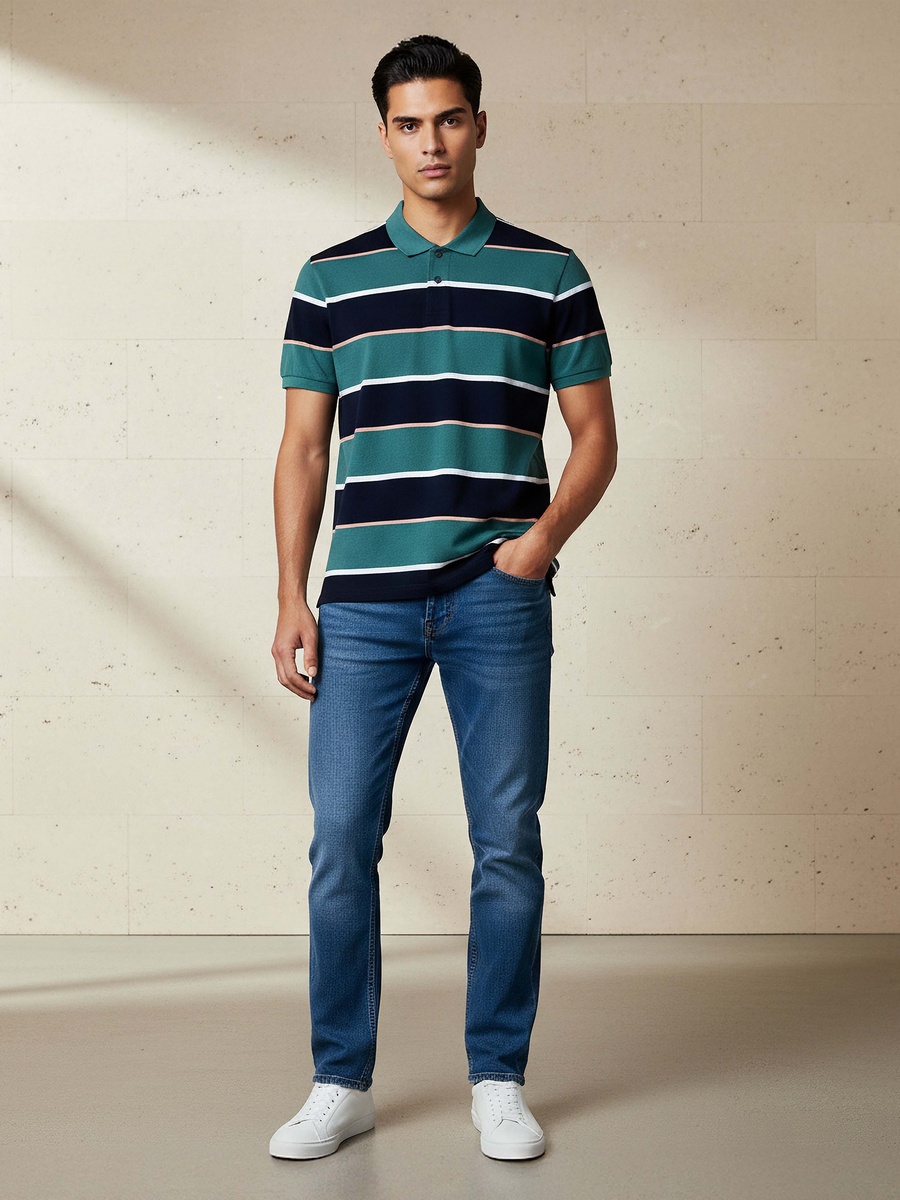 Men Short Sleeve Striped Polo T-Shirt