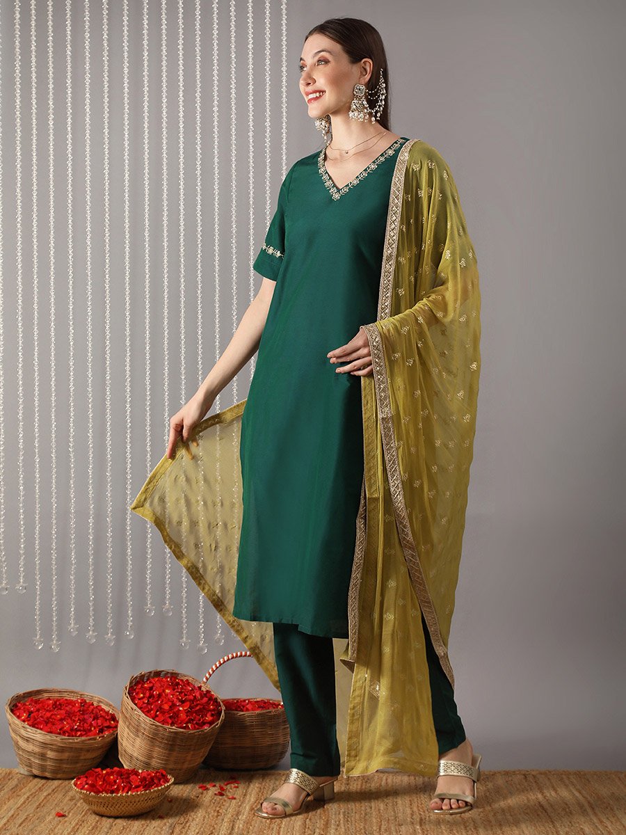 Women Green Embroidered Straight Kurta with Pant and Dupatta Set