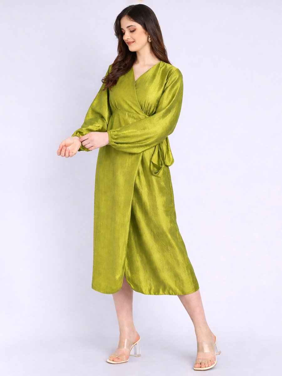 Green Balloon Sleeves Wrap Midi Dress