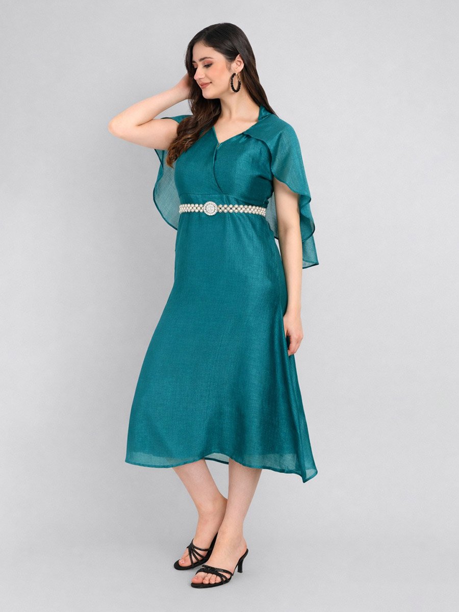 Teal Cape Sleeve Midi Dress with Pearl Belt