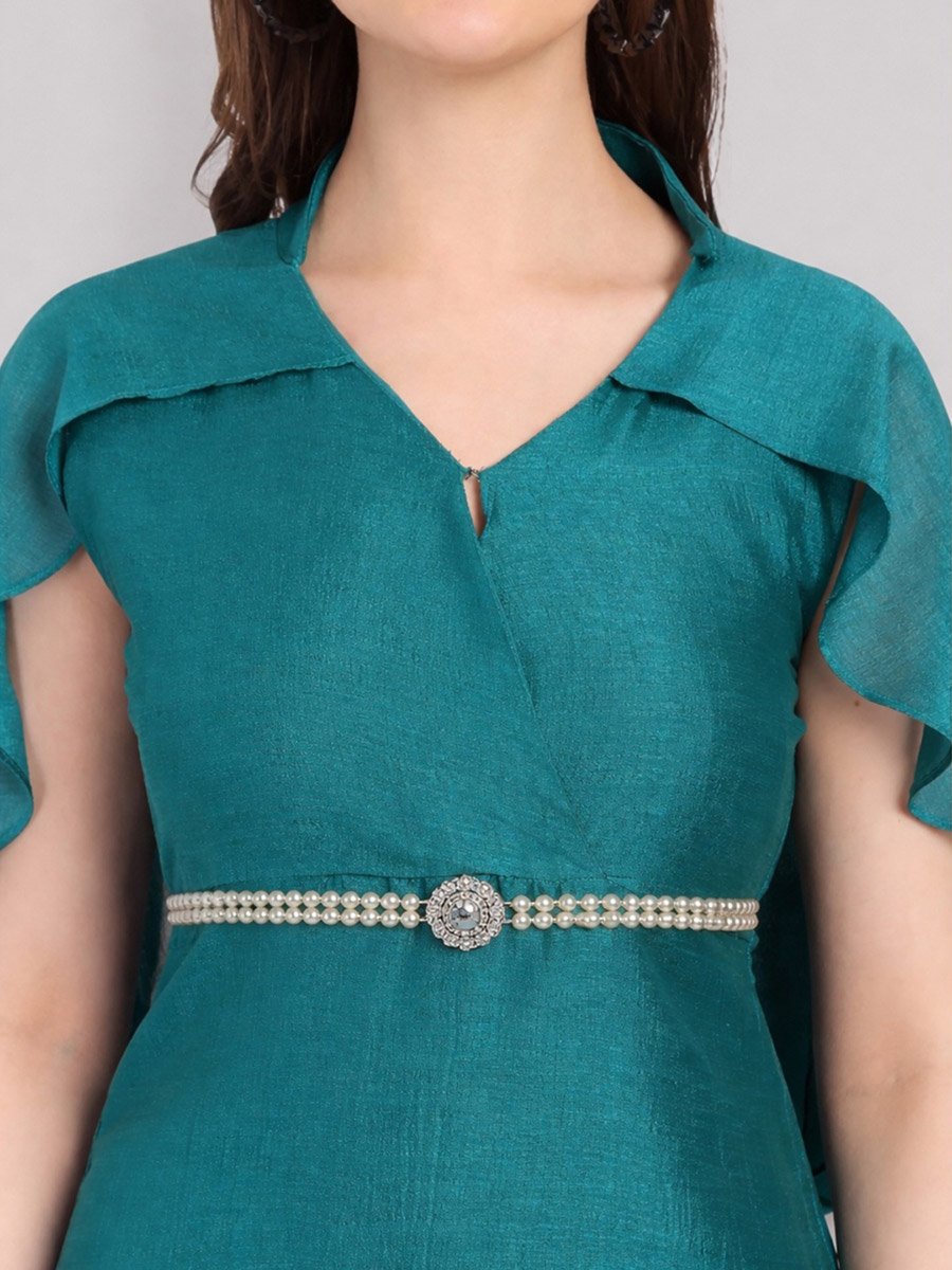 Teal Cape Sleeve Midi Dress with Pearl Belt