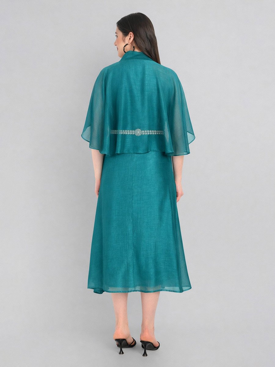 Teal Cape Sleeve Midi Dress with Pearl Belt