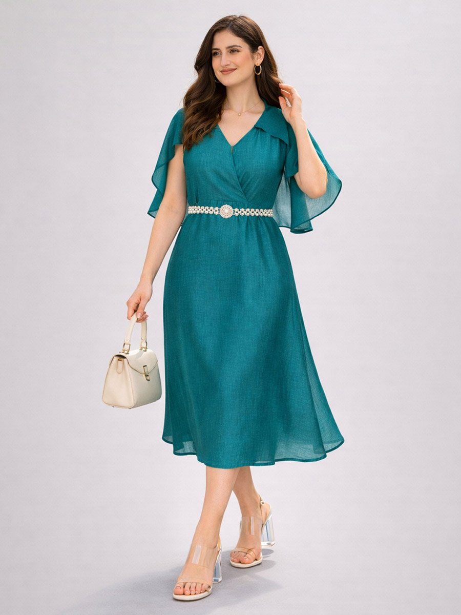 Teal Cape Sleeve Midi Dress with Pearl Belt