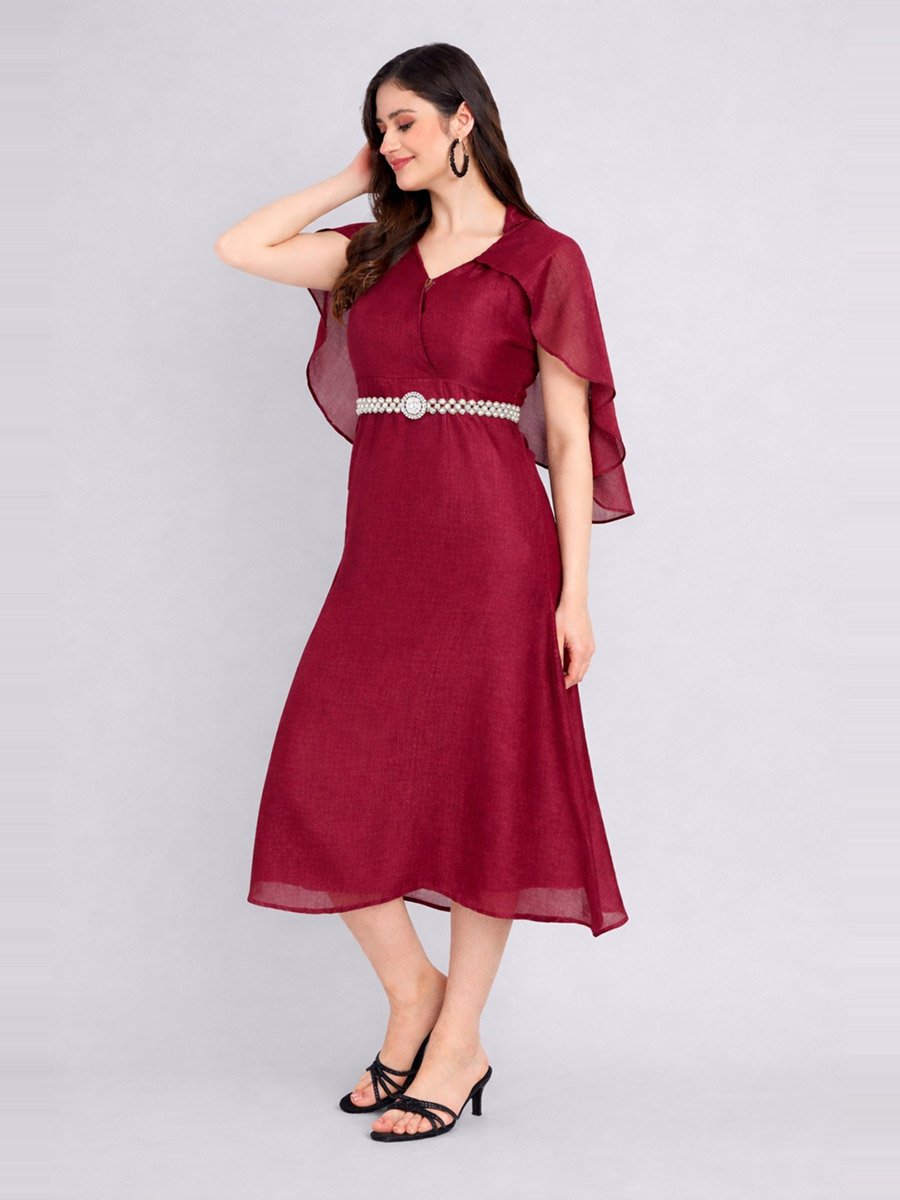 Red Cape Sleeve Midi Dress with Pearl Belt