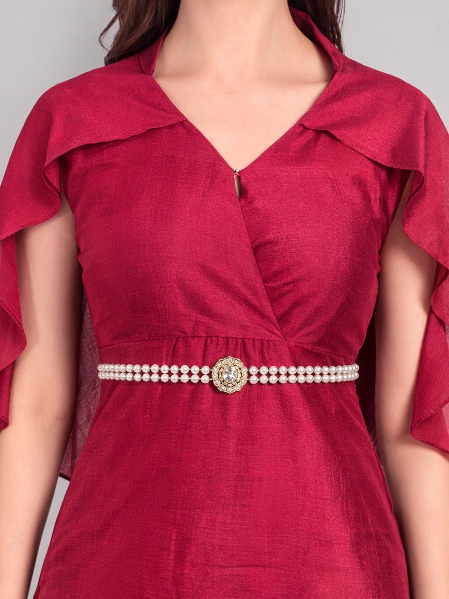 Red Cape Sleeve Midi Dress with Pearl Belt