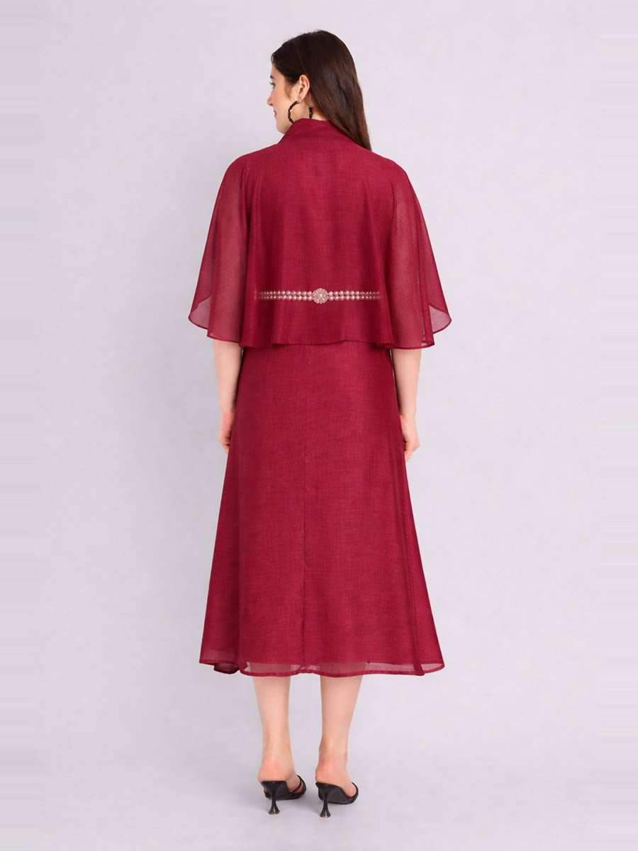 Red Cape Sleeve Midi Dress with Pearl Belt
