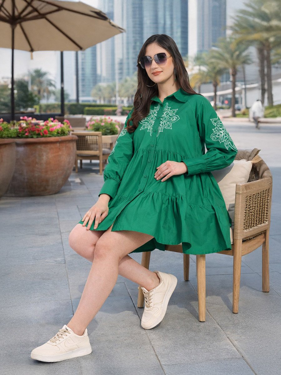 Green Cotton Poplin Shirt Mini Dress