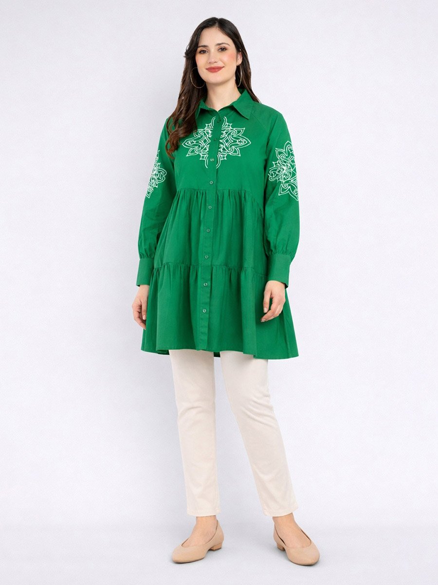 Green Cotton Poplin Shirt Mini Dress