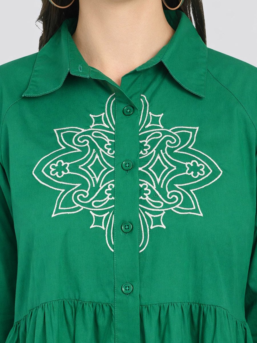 Green Cotton Poplin Shirt Mini Dress
