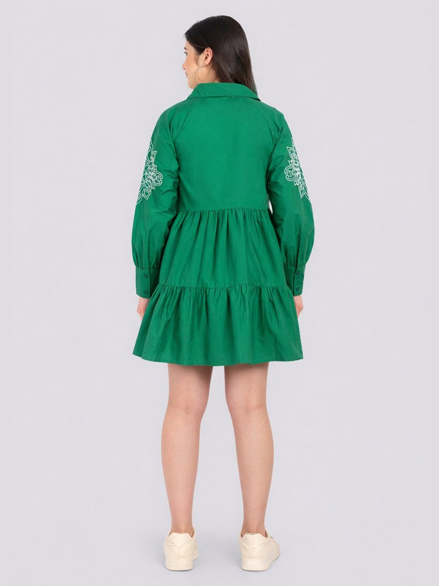 Green Cotton Poplin Shirt Mini Dress