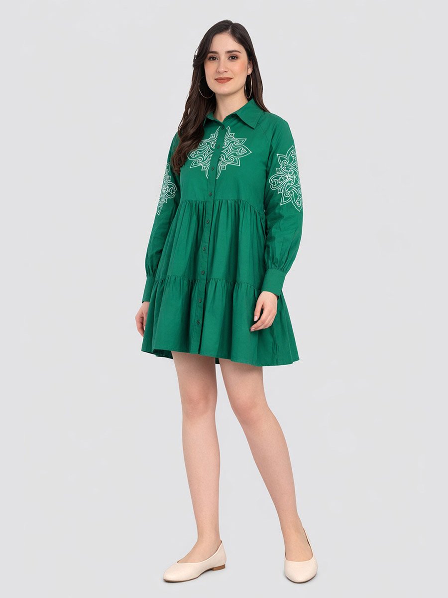 Green Cotton Poplin Shirt Mini Dress