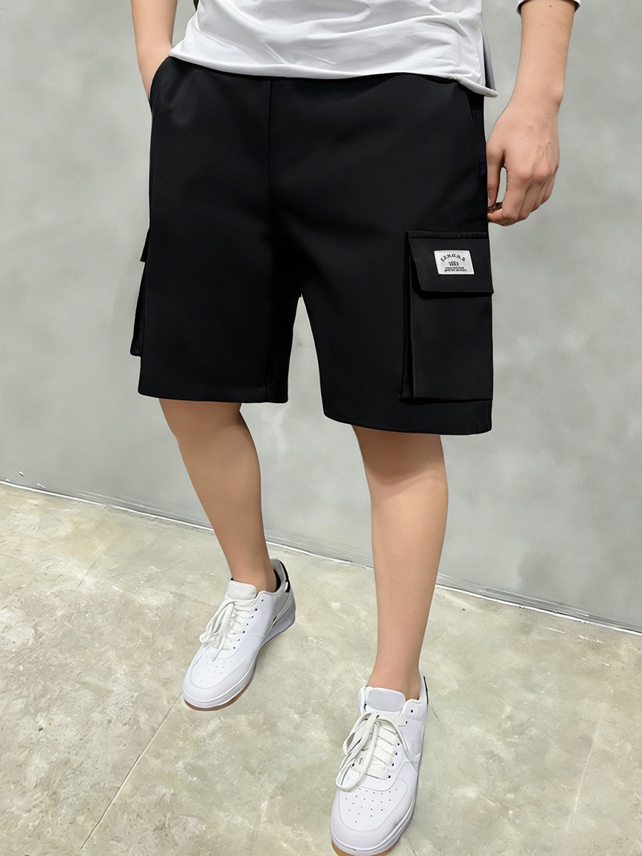 Men Black Solid Multi Pockets Cargo Shorts