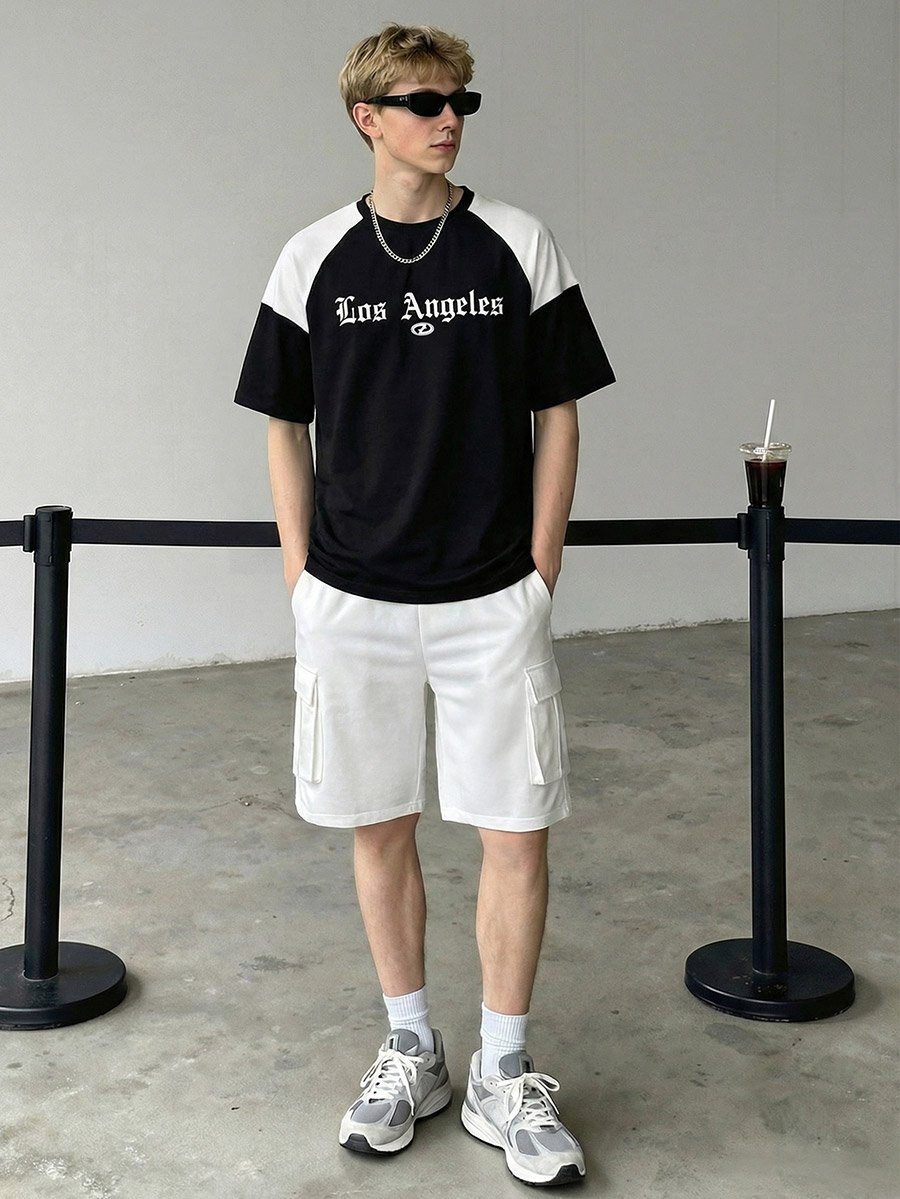 Men Color Block Raglan Sleeve T-Shirt and Shorts Set