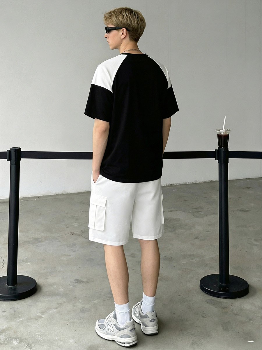 Men Color Block Raglan Sleeve T-Shirt and Shorts Set