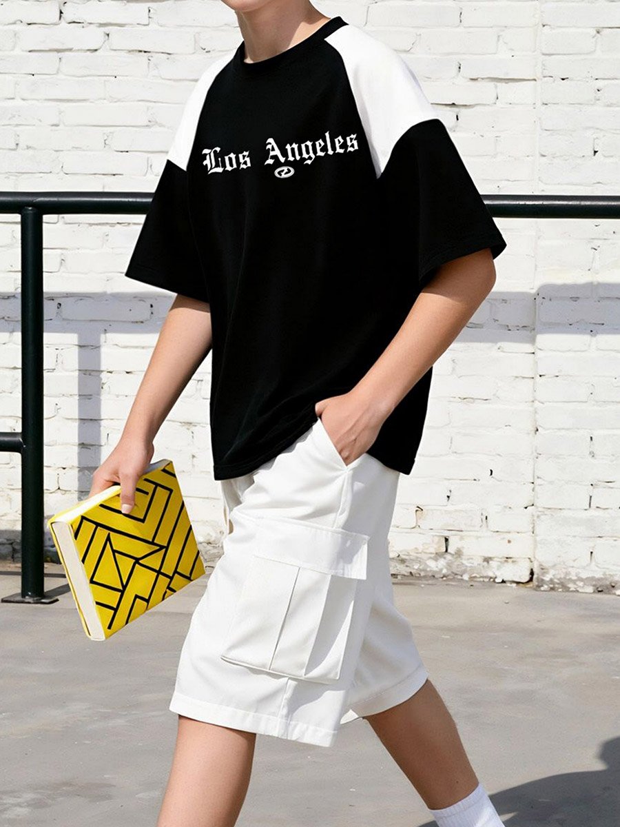 Men Color Block Raglan Sleeve T-Shirt and Shorts Set