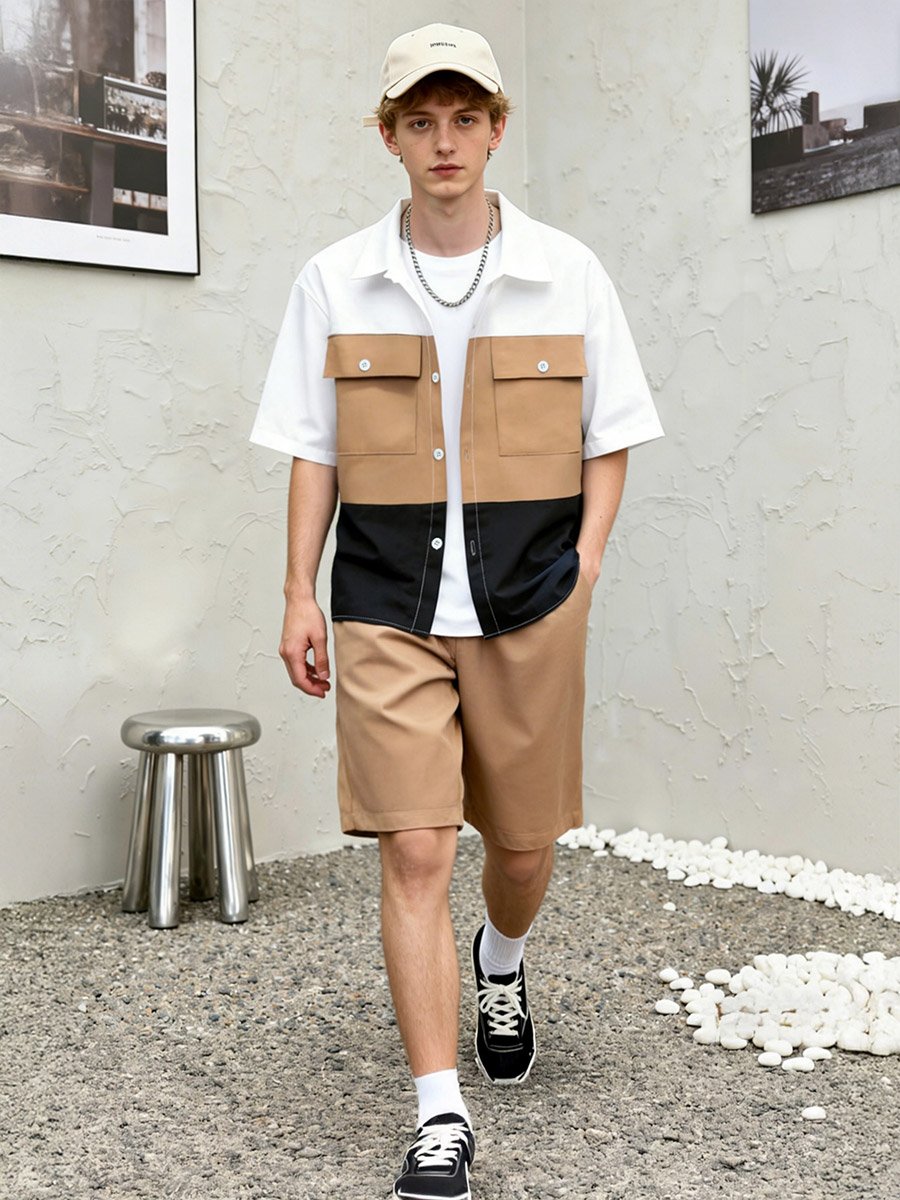 Men Color Block Pocket Detail Shirt and Shorts Co-ords