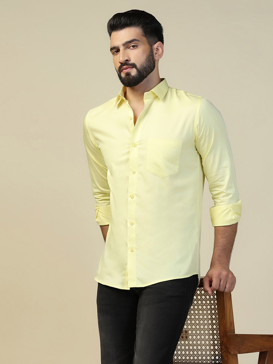 Men Lemon Yellow Solid Cotton Shirt