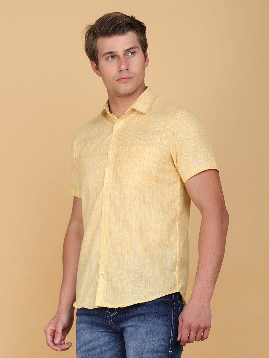 Men Yellow Linen Look Short Sleeve Shirt