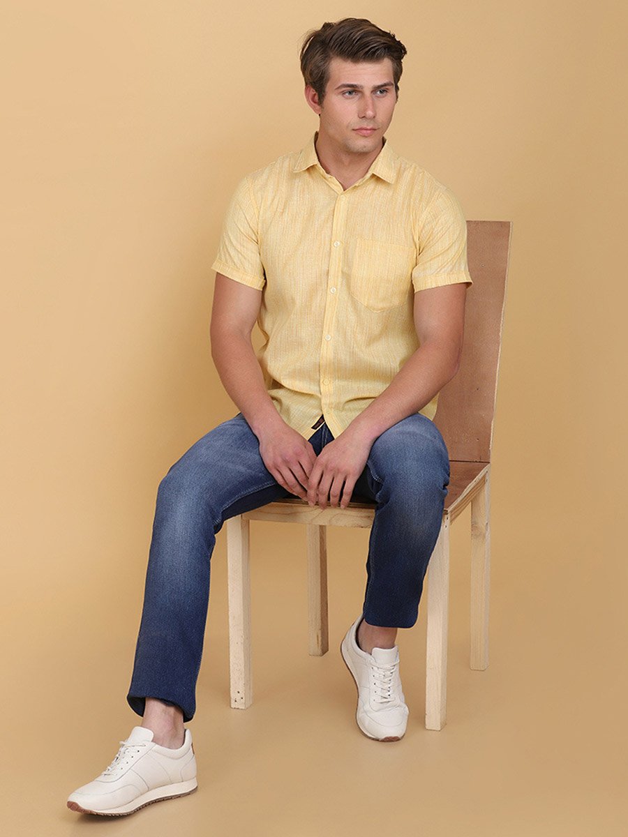 Men Yellow Linen Look Short Sleeve Shirt