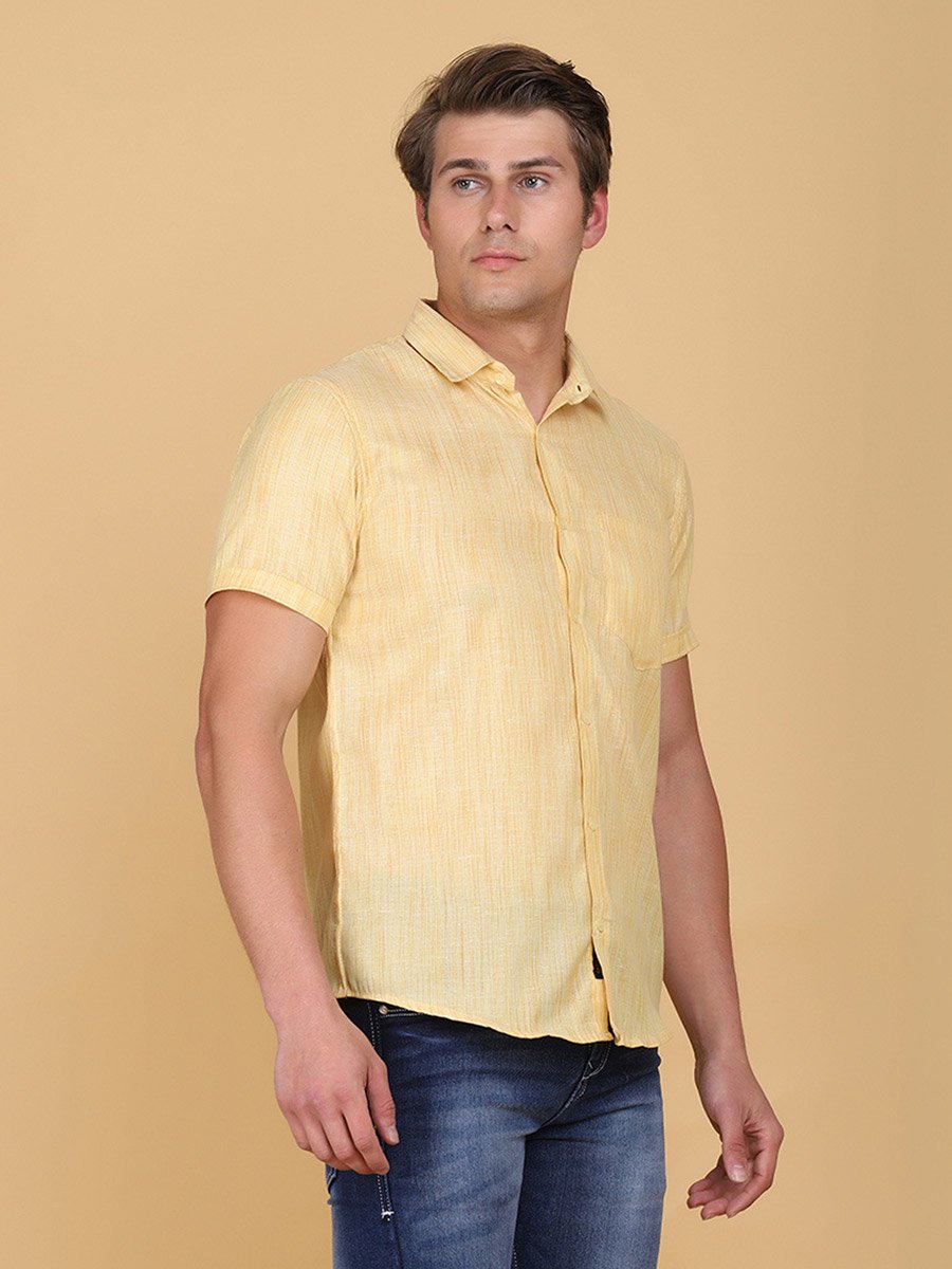 Men Yellow Linen Look Short Sleeve Shirt