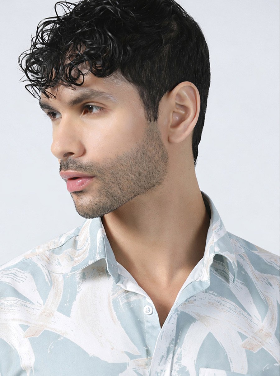 Men Blue Printed Cotton Shirt with Pocket
