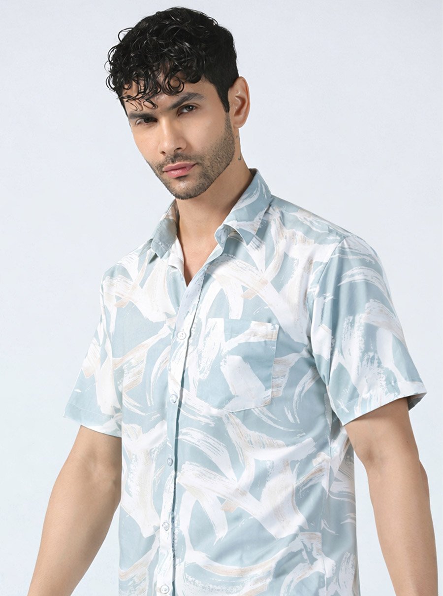 Men Blue Printed Cotton Shirt with Pocket