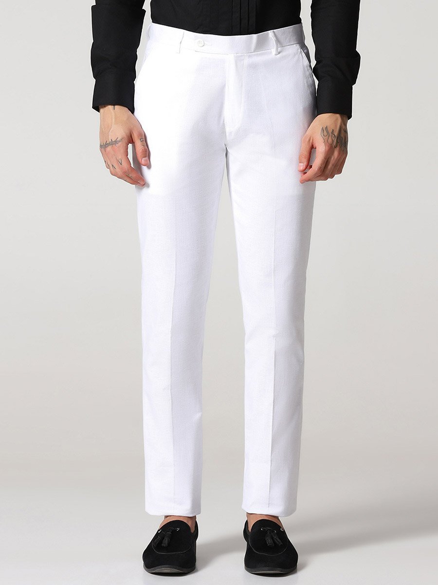Men White Linen Slim Fit Trousers