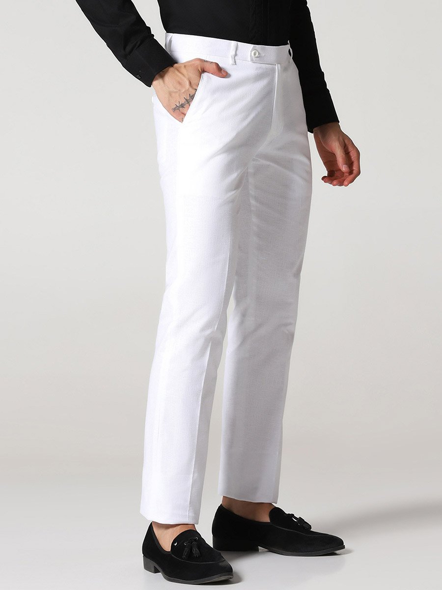 Men White Linen Slim Fit Trousers