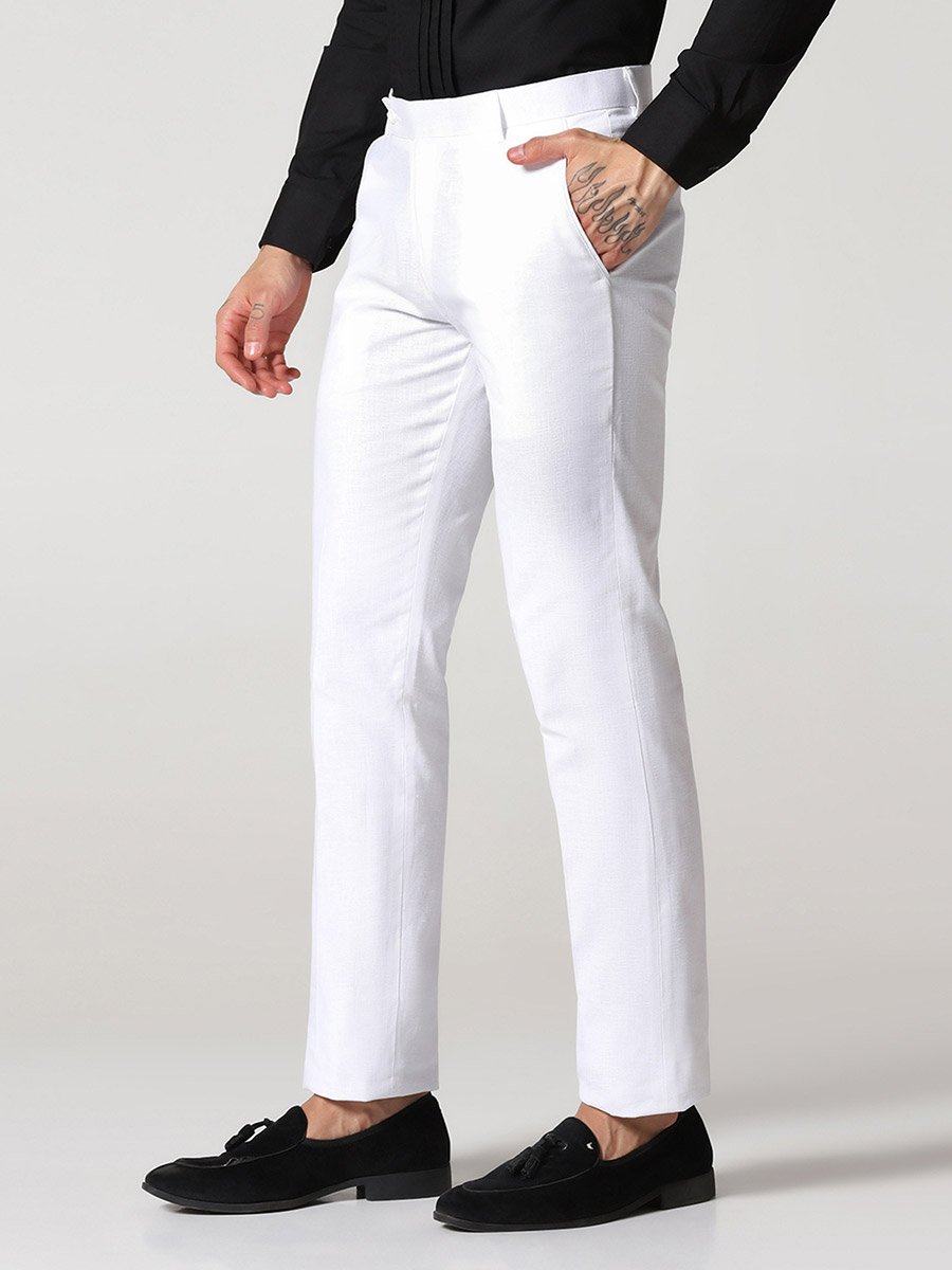 Men White Linen Slim Fit Trousers