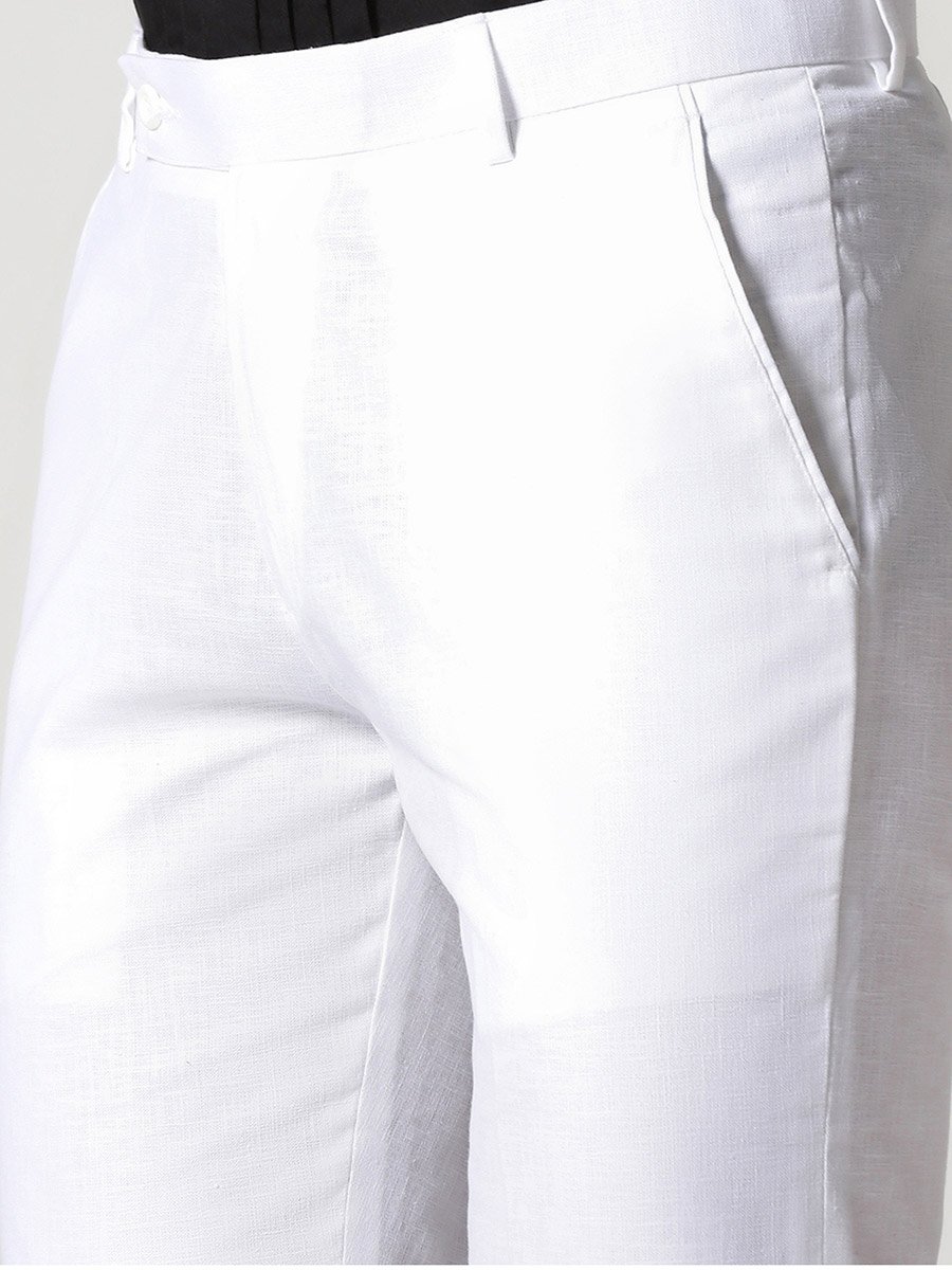 Men White Linen Slim Fit Trousers