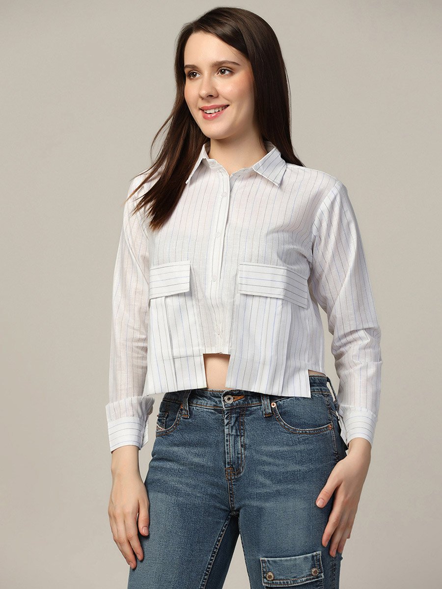 White Striped Crop Shirt with Overlap Pocket