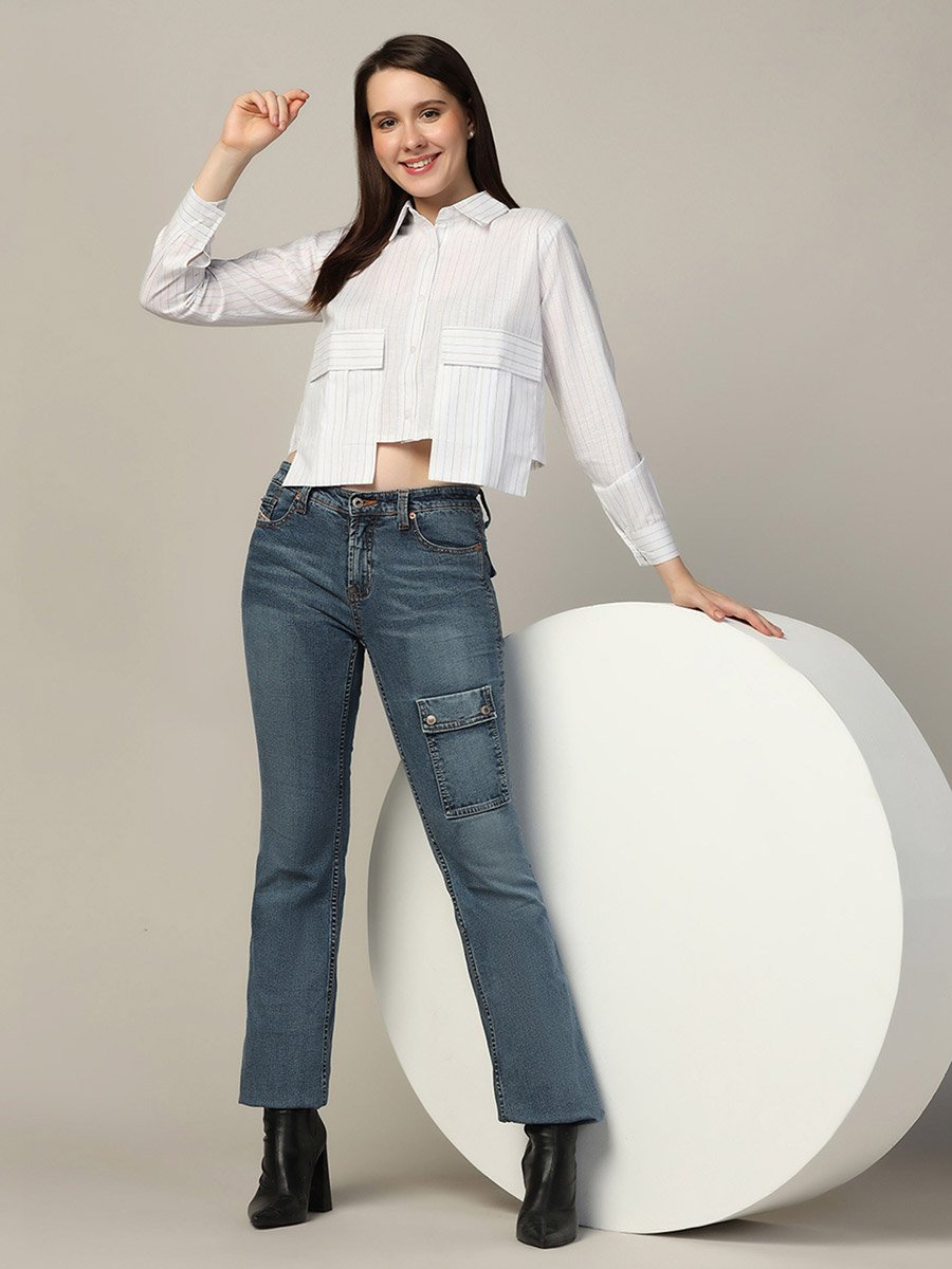 White Striped Crop Shirt with Overlap Pocket