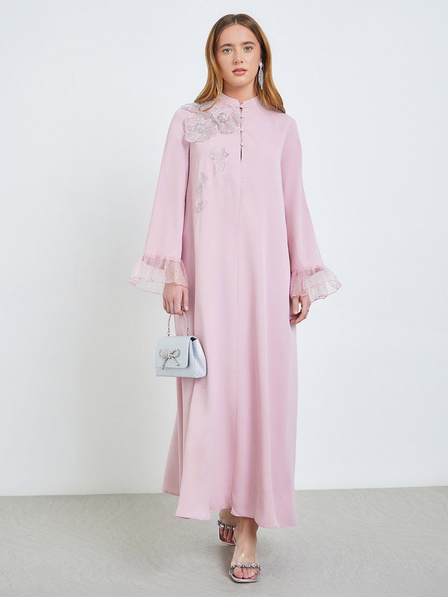 Pink Floral Applique Mesh Sleeve Jalabiya