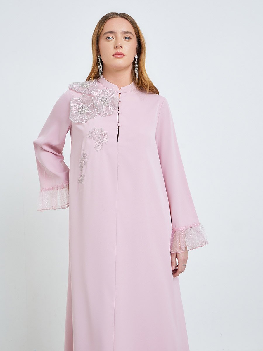 Pink Floral Applique Mesh Sleeve Jalabiya