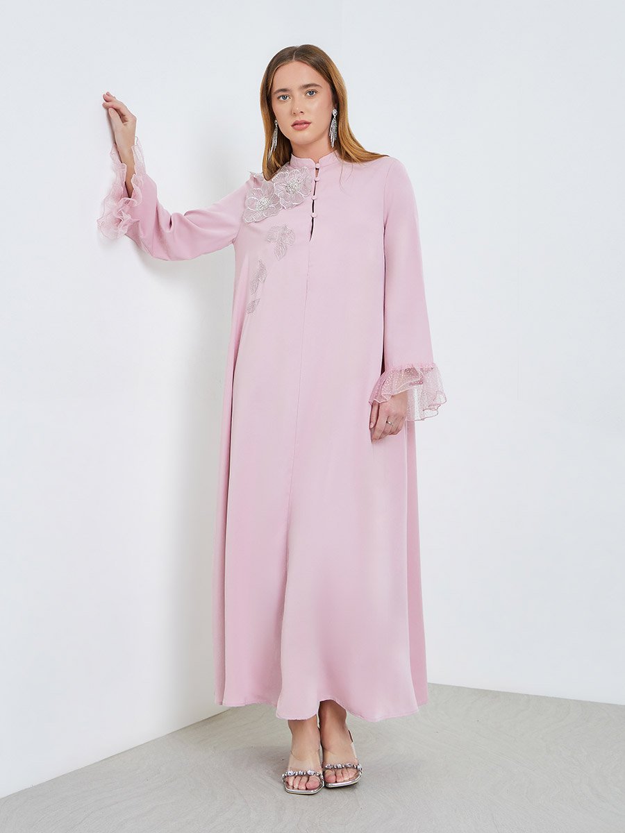 Pink Floral Applique Mesh Sleeve Jalabiya