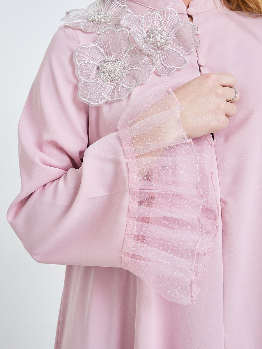 Pink Floral Applique Mesh Sleeve Jalabiya