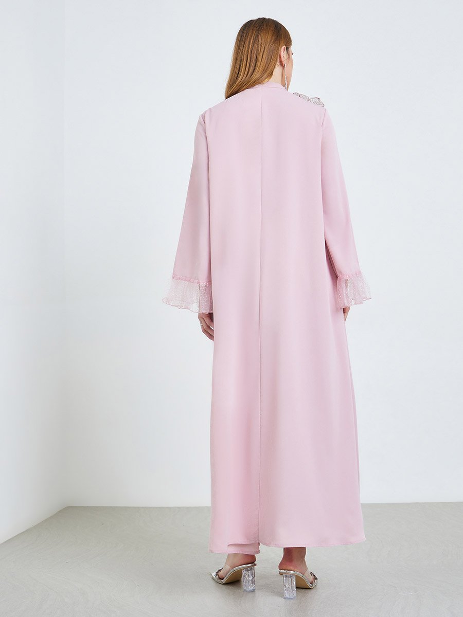 Pink Floral Applique Mesh Sleeve Jalabiya