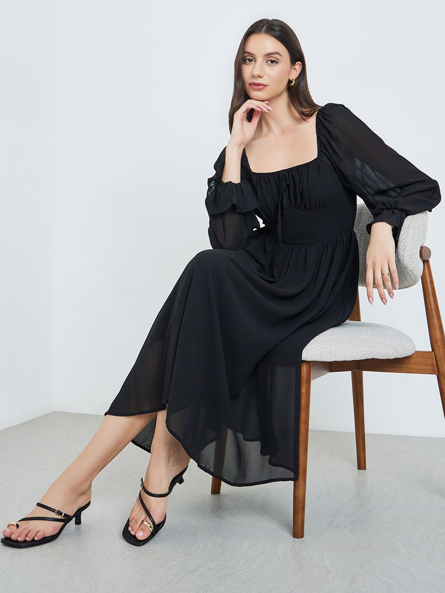 Black Square Neck Midi Dress